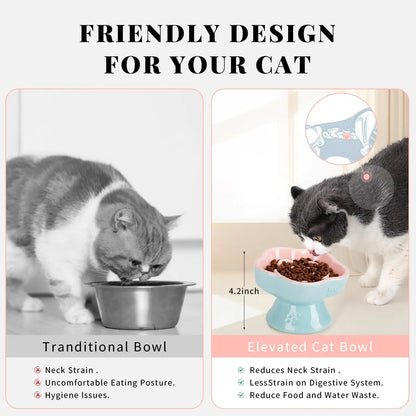 Ceramic Raised Slow Feeder Cat Bowl, Flower Shaped Elevated Dish for Cats Small Dogs, Pink 5.8"