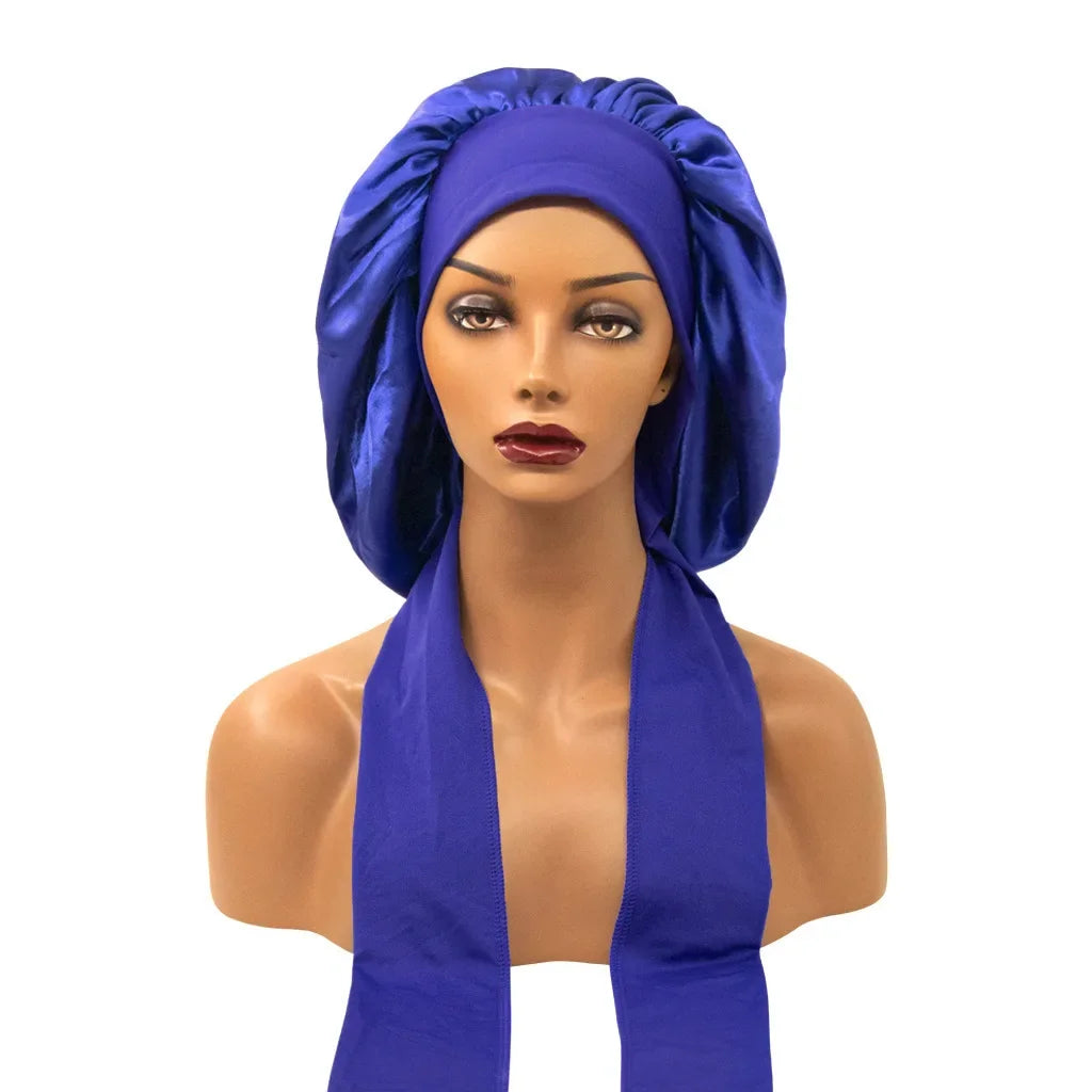 Satin Widened Sleep Hat Night Sleep Cap with Long Streamer Hair Care Bonnet Nightcap Elastic Cap De Nuit Shower Turban