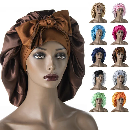 Satin Widened Sleep Hat Night Sleep Cap with Long Streamer Hair Care Bonnet Nightcap Elastic Cap De Nuit Shower Turban