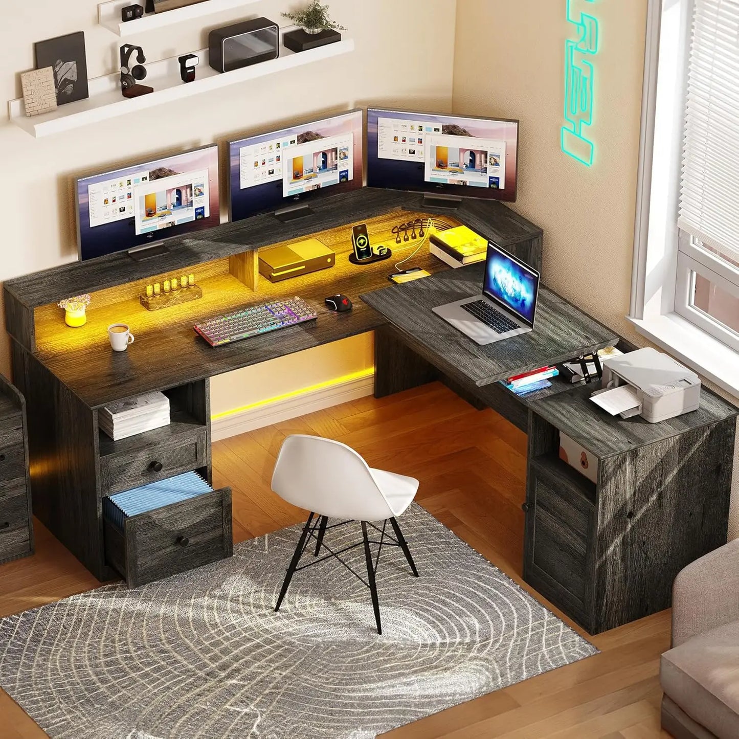 L Shaped Desk with Power Outlets & LED Lights, 60" Corner Computer Desk with Drawers & Lift Top, Home Office Desk, Customized
