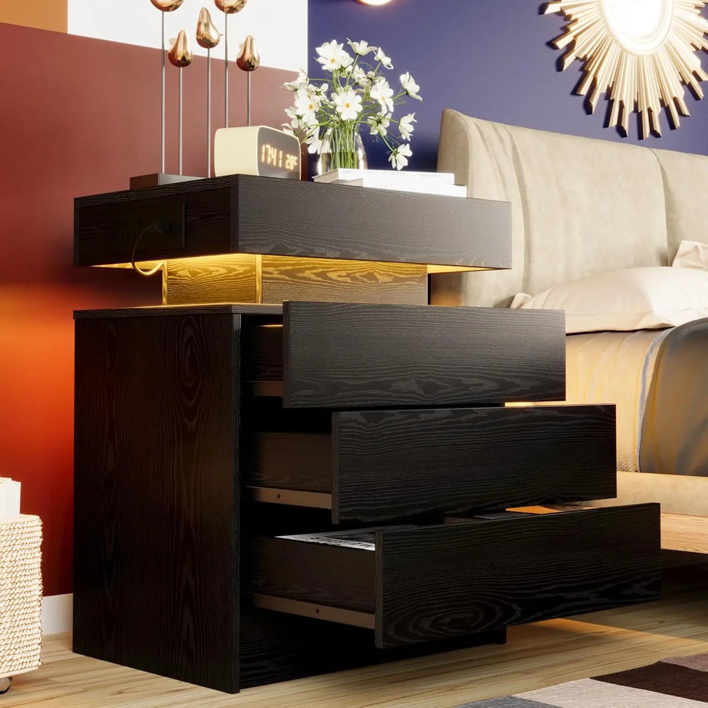 Night Stand with Charging Station, Modern Nightstand with LED Light and Drawers, Bedside Tables/End Table for Bedroom