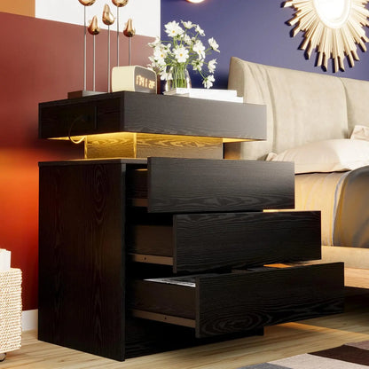 Night Stand with Charging Station, Modern Nightstand with LED Light and Drawers, Bedside Tables/End Table for Bedroom