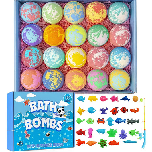 20 Pack Organic Kids Bath Bombs with Toys Inside, Safe Handmade Fizzy Balls for Boys & Girls Birthday Gifts