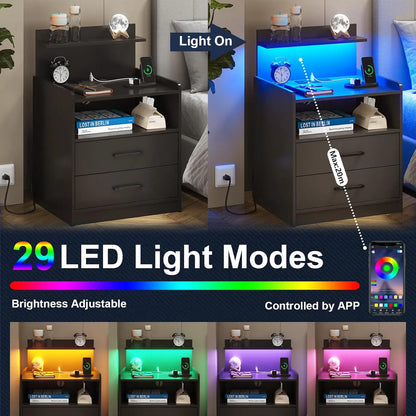 Modern LED Nightstand with Charging Station, 2 Drawers, USB Ports, and RGB Lights for Bedroom or Living Room