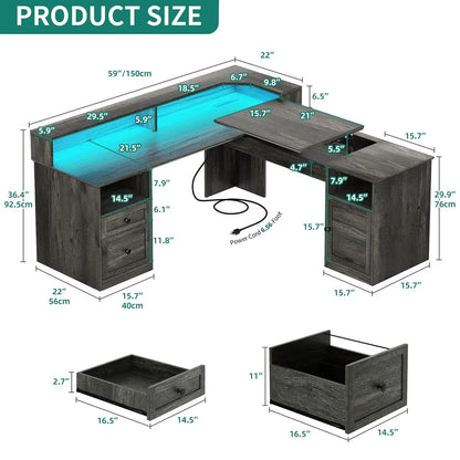L Shaped Desk with Power Outlets & LED Lights, 60" Corner Computer Desk with Drawers & Lift Top, Home Office Desk, Customized