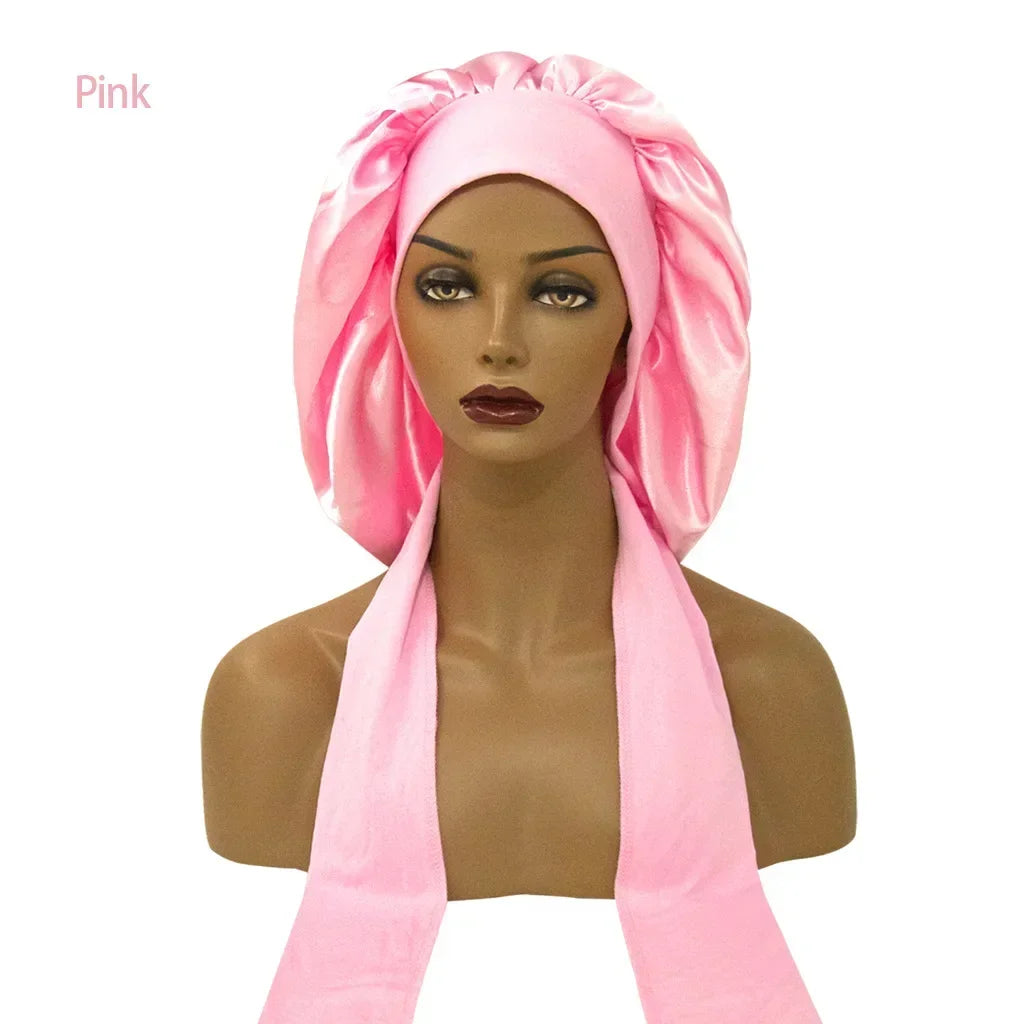 Satin Widened Sleep Hat Night Sleep Cap with Long Streamer Hair Care Bonnet Nightcap Elastic Cap De Nuit Shower Turban