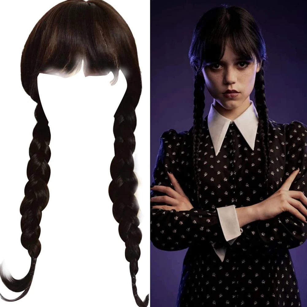 Wednesday Addams Cosplay Wig Long Black Braids Hair Synthetic Wigs Universal Size for Halloween Party Girls Dress Up Accessories