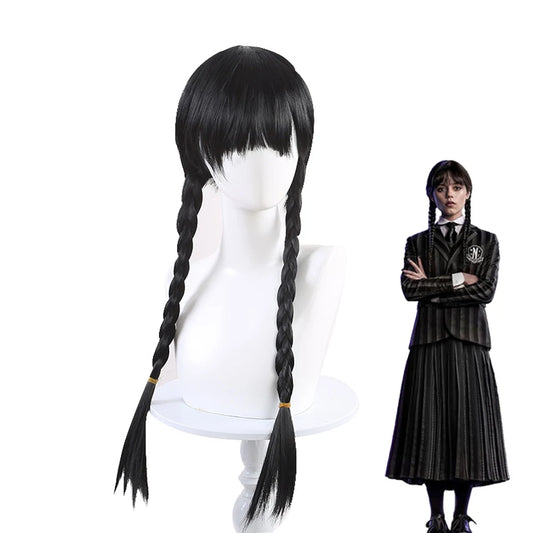 Wednesday Addams Cosplay Wig Long Black Braids Hair Synthetic Wigs Universal Size for Halloween Party Girls Dress Up Accessories