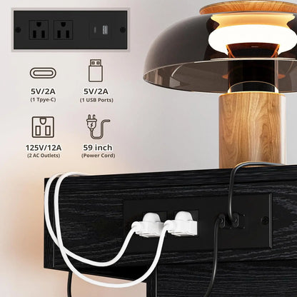 Night Stand with Charging Station, Modern Nightstand with LED Light and Drawers, Bedside Tables/End Table for Bedroom