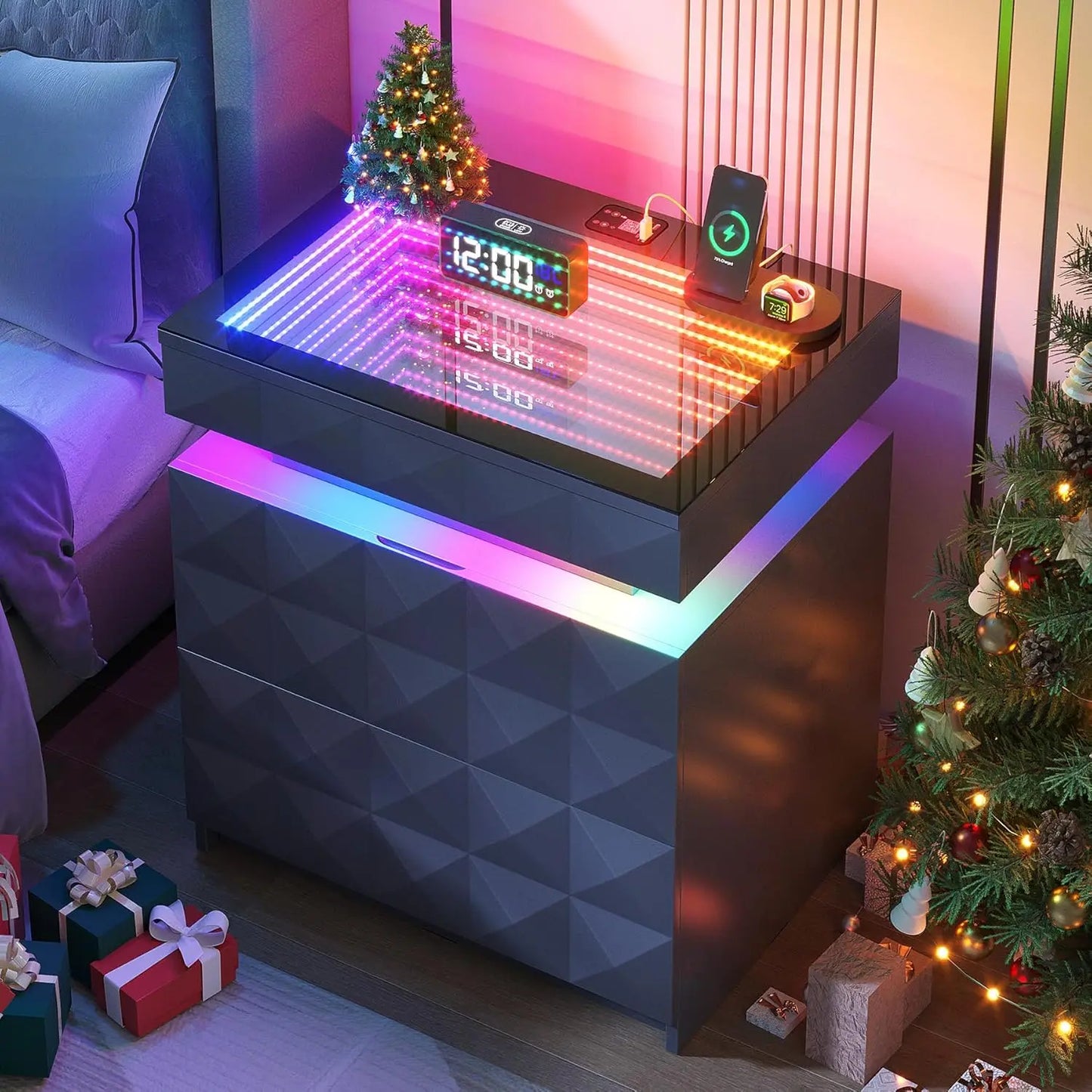 Night Stand with Charging Station and RGB Lights, LED Nightstand with Tempered Glass and Sliding Top, 3 Drawers, Customized