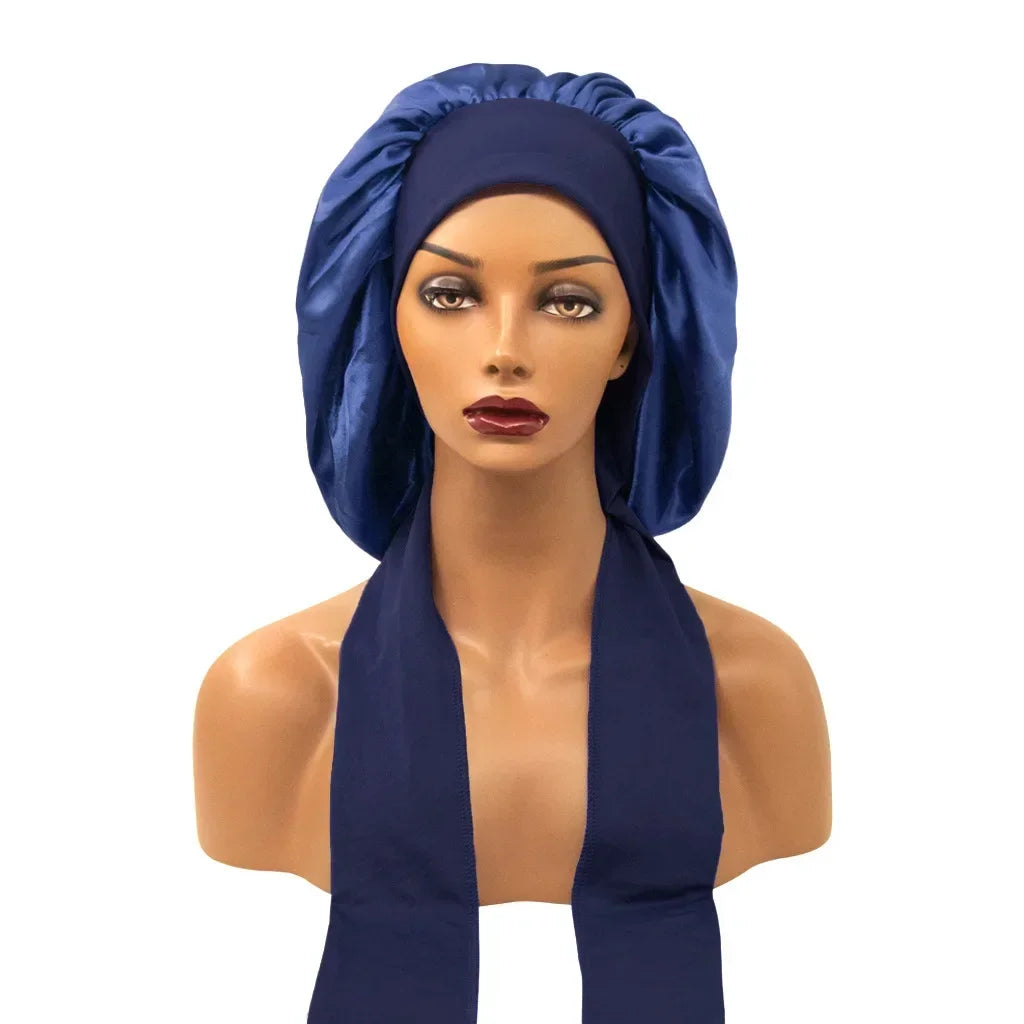 Satin Widened Sleep Hat Night Sleep Cap with Long Streamer Hair Care Bonnet Nightcap Elastic Cap De Nuit Shower Turban