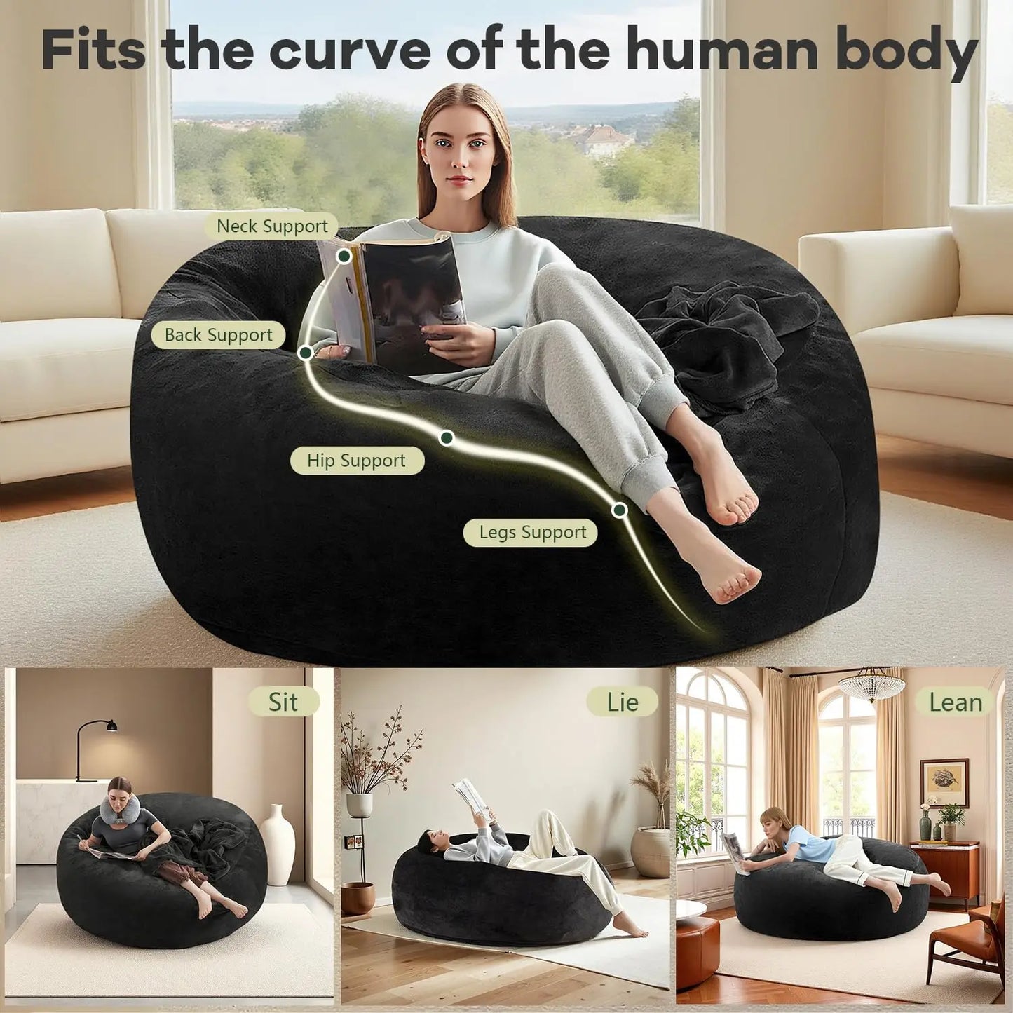 4FT Memory Foam Bean Bag Chair With Filler Included,Reading Sofa For Living Room,Bedroom,Dormitory,Black,Customized