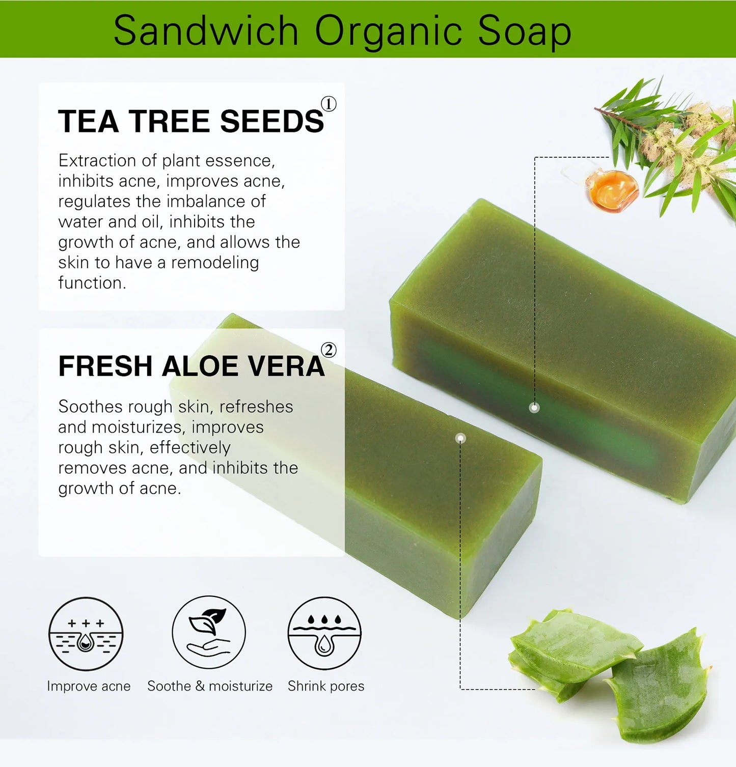 Aloe Vera Whitening Soap, Remove Acne, Spots, Skin Radiant, Improve Skin Luster, Vegan Bath Wash for All Skin Types, 200g