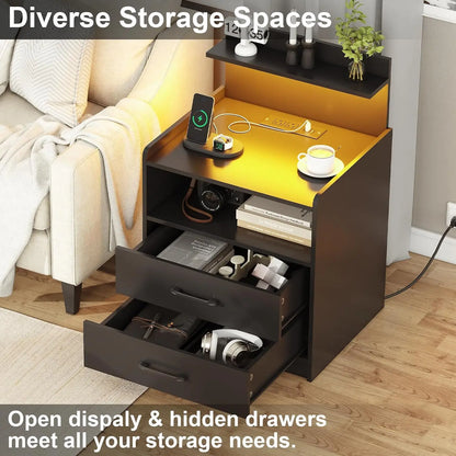 Modern LED Nightstand with Charging Station, 2 Drawers, USB Ports, and RGB Lights for Bedroom or Living Room