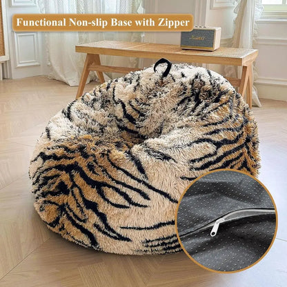 Tiger Print Bean Bag Chair Cover - Animal Themed Storage Shell, Suitable for Adults, Teens, and Kids, Anti-Slip, Brown Tiger Des