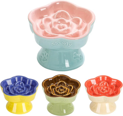 Ceramic Raised Slow Feeder Cat Bowl, Flower Shaped Elevated Dish for Cats Small Dogs, Pink 5.8"