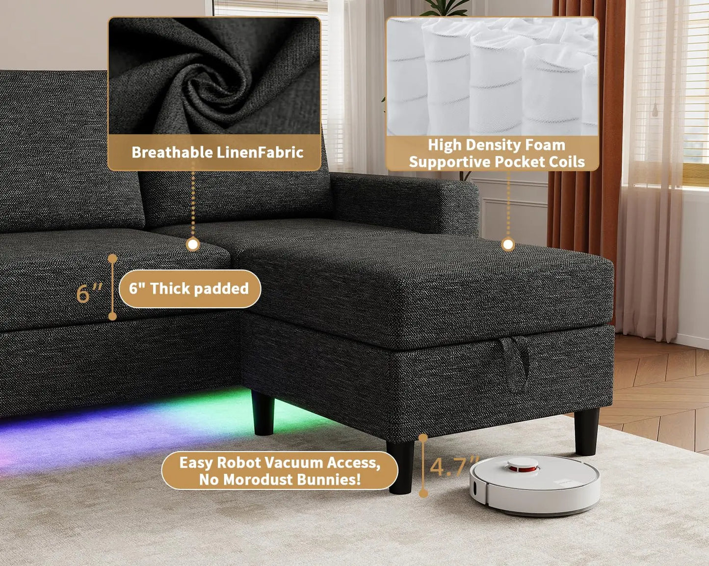 Smart Sectional Couches For Living Room, 6 Seat U/L Shaped Sectional Sofa With RGB Light/Charging, Modern Living, Customized