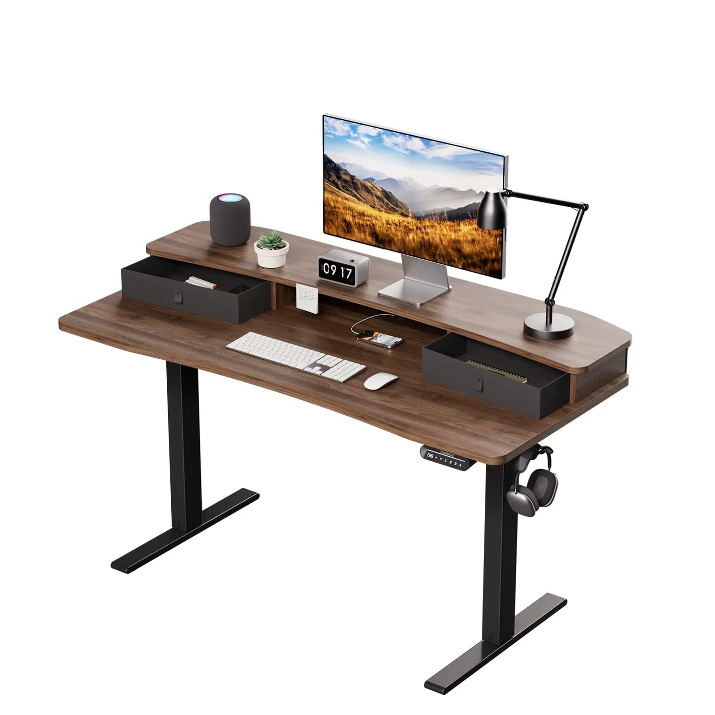 HUANUO Electric Standing Desk with 2 Drawers,C-Clamp Mount Compatible,Height Adjustable Computer Desk, Home Office Stand Up Desk