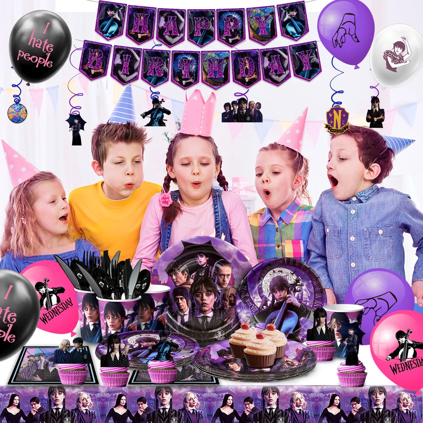 Wednesday Birthday Decorations,117pcs Wednesday Party Decorations&Tableware-Wednesday Balloons Plates Napkins Cups Balloons etc