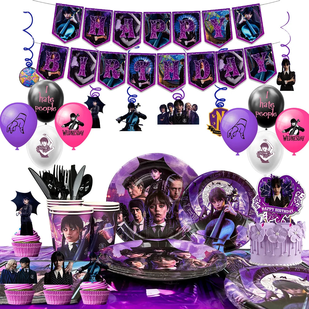 Wednesday Birthday Decorations,117pcs Wednesday Party Decorations&Tableware-Wednesday Balloons Plates Napkins Cups Balloons etc