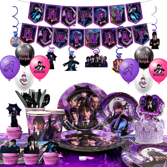 Wednesday Birthday Decorations,117pcs Wednesday Party Decorations&Tableware-Wednesday Balloons Plates Napkins Cups Balloons etc