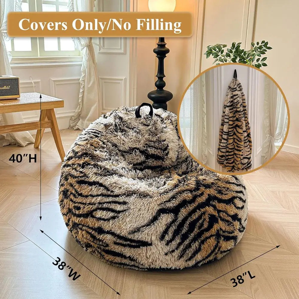 Tiger Print Bean Bag Chair Cover - Animal Themed Storage Shell, Suitable for Adults, Teens, and Kids, Anti-Slip, Brown Tiger Des