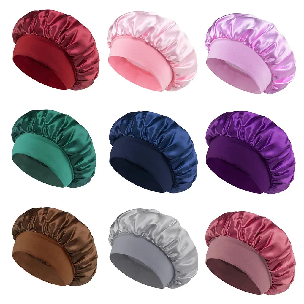 Satin Bonnet Hair Bonnet for Sleeping Hair Care Silk Bonnets Solid Wide-brimmed Sleeping Hat with Elastic Soft Band