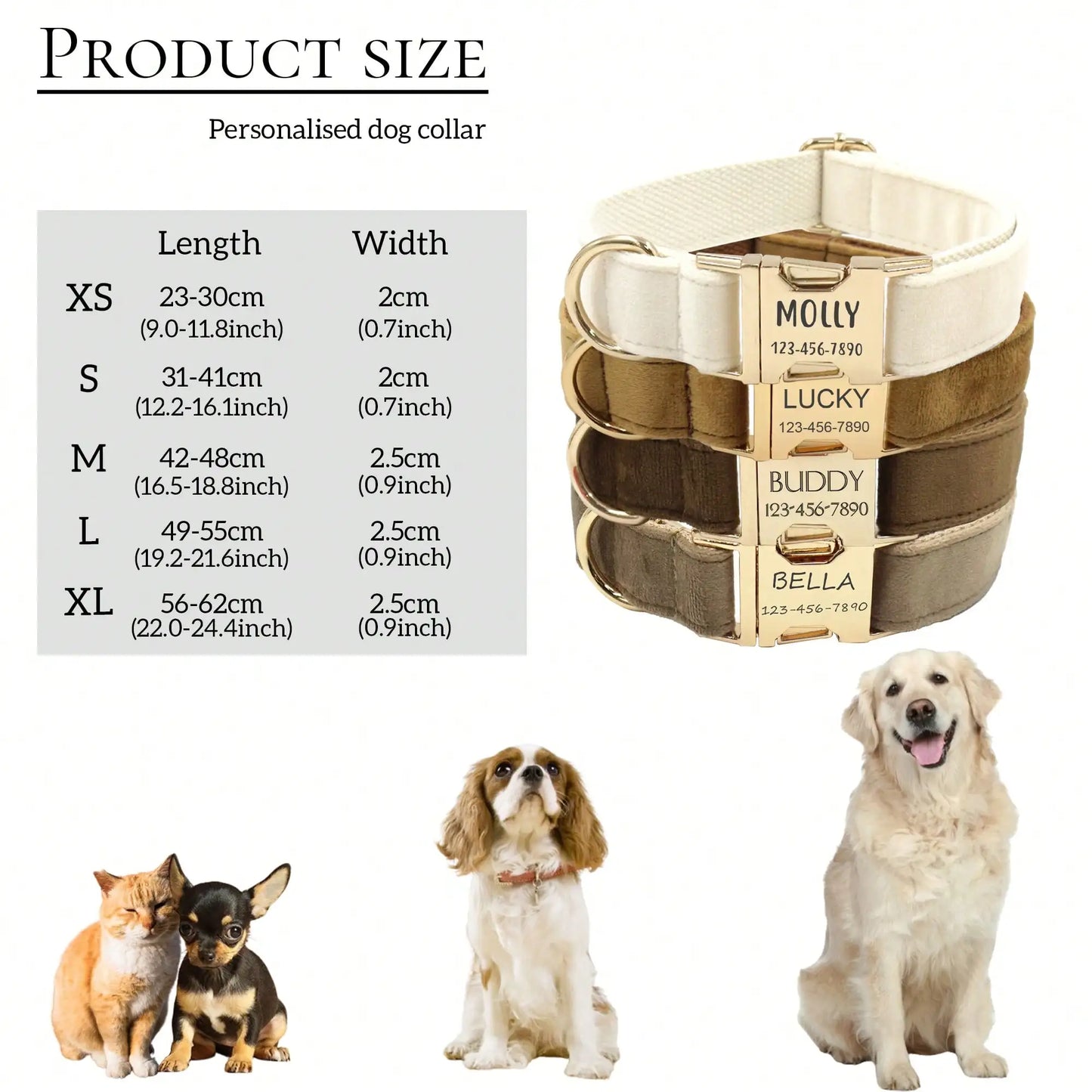 Velvet Dog Cat Collar Custom Engraved ID Tag Soft Adjustable Collar for Small Medium Large Dogs Cats