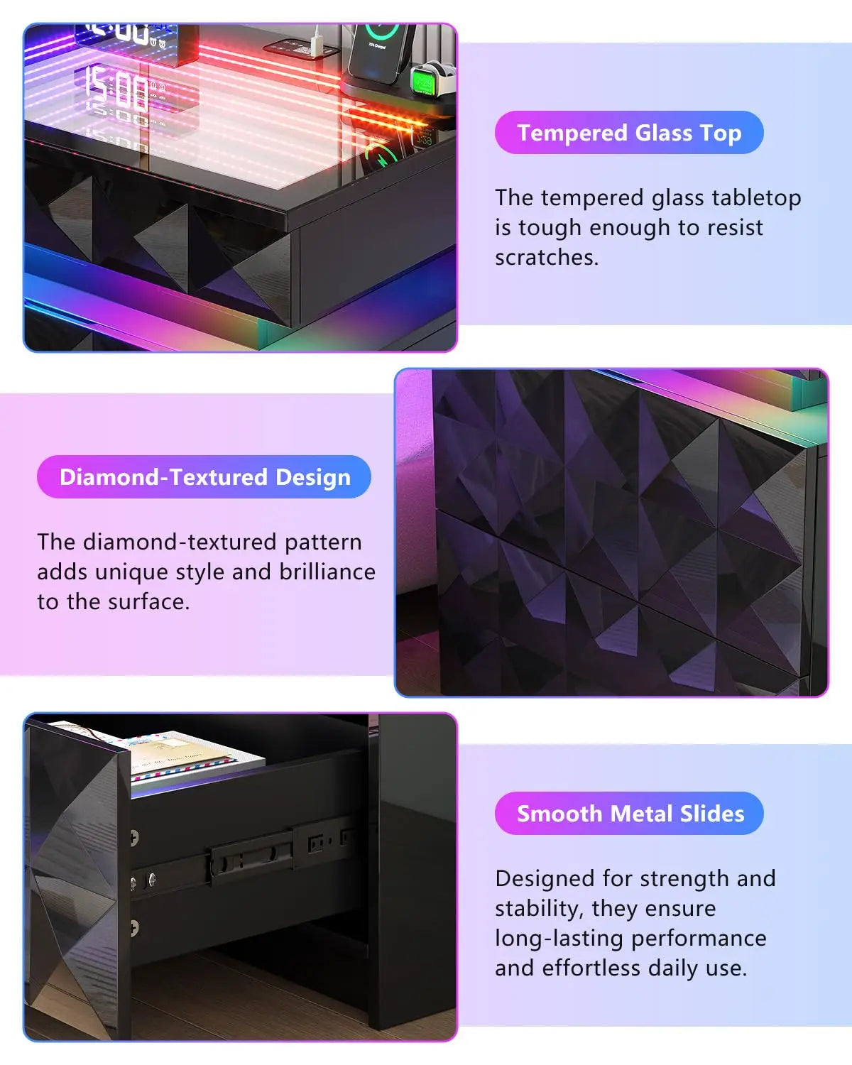 Night Stand with Charging Station and RGB Lights, LED Nightstand with Tempered Glass and Sliding Top, 3 Drawers, Customized