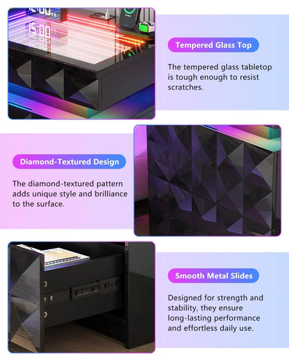 Night Stand with Charging Station and RGB Lights, LED Nightstand with Tempered Glass and Sliding Top, 3 Drawers, Customized