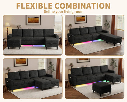 Smart Sectional Couches For Living Room, 6 Seat U/L Shaped Sectional Sofa With RGB Light/Charging, Modern Living, Customized
