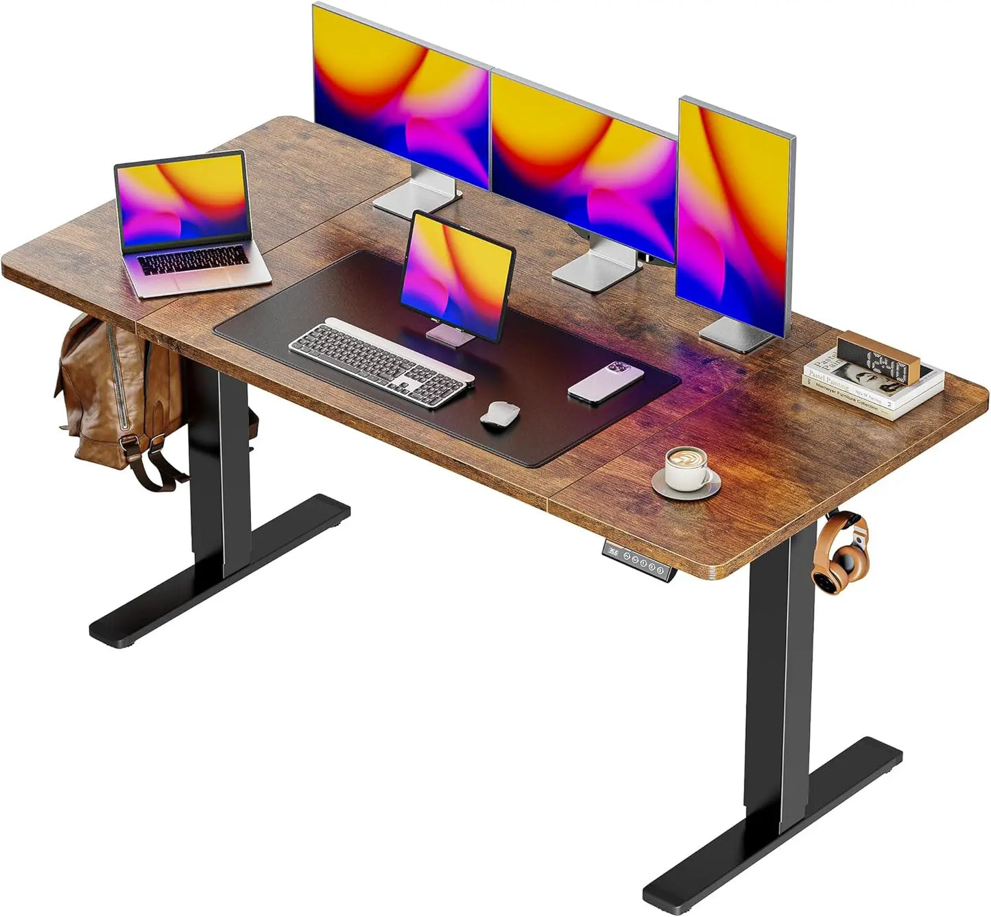 Large Electric Standing Desk, Height Adjustable Computer Desk with 3 Preset Heights, Rustic Brown for Home Office