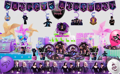 Wednesday Birthday Decorations,117pcs Wednesday Party Decorations&Tableware-Wednesday Balloons Plates Napkins Cups Balloons etc