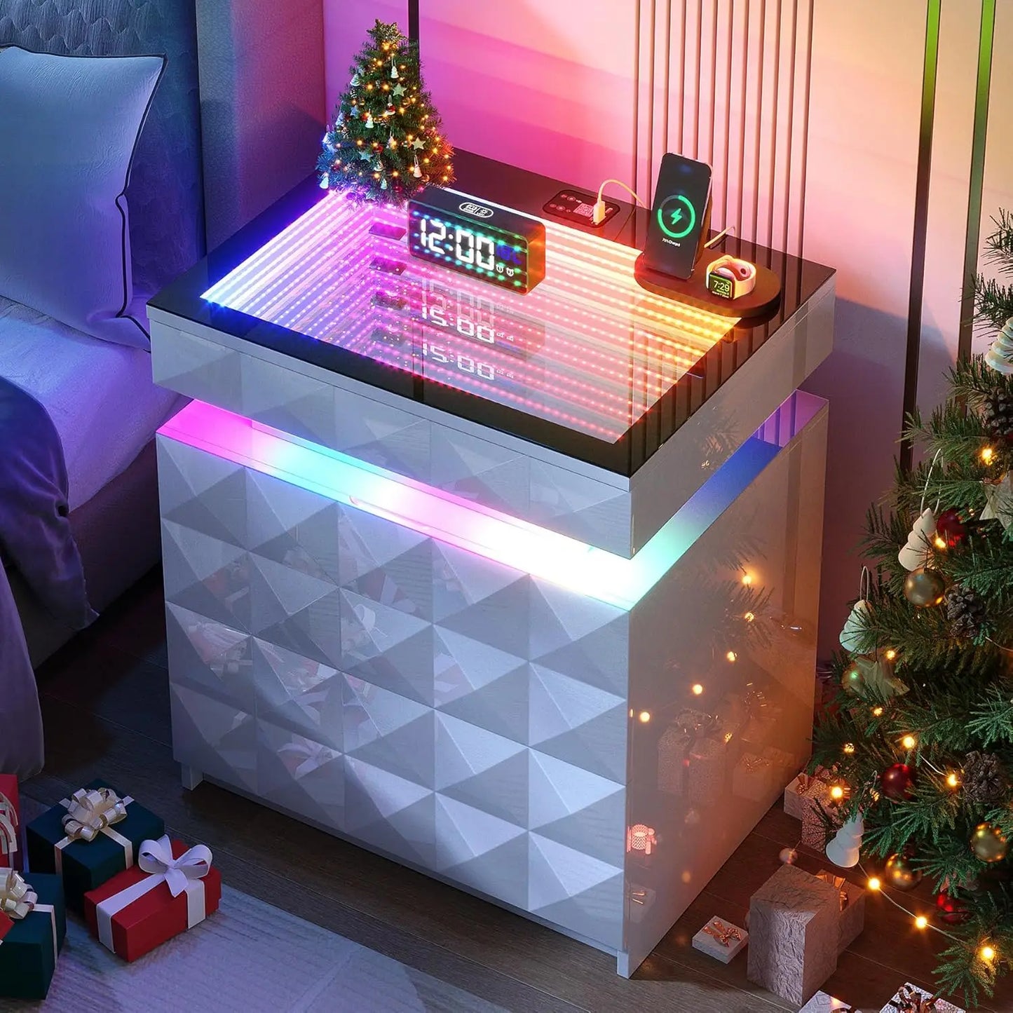 Night Stand with Charging Station and RGB Lights, LED Nightstand with Tempered Glass and Sliding Top, 3 Drawers, Customized