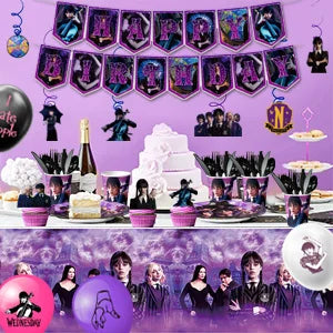 Wednesday Birthday Decorations,117pcs Wednesday Party Decorations&Tableware-Wednesday Balloons Plates Napkins Cups Balloons etc