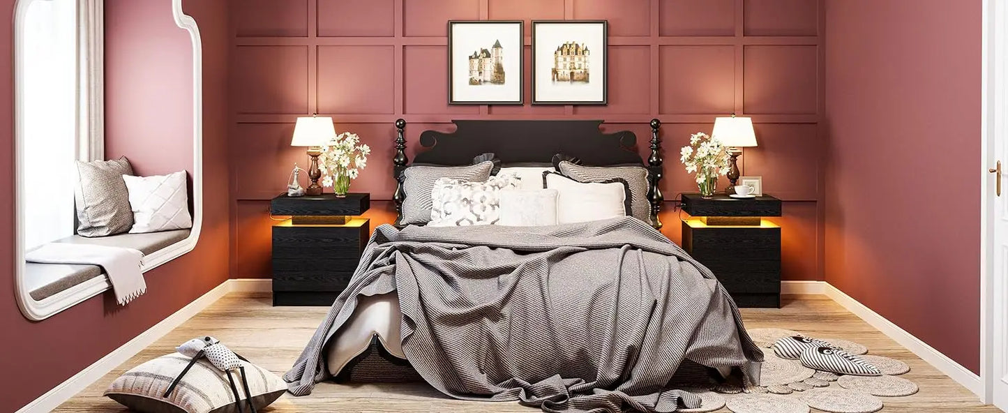 Night Stand with Charging Station, Modern Nightstand with LED Light and Drawers, Bedside Tables/End Table for Bedroom