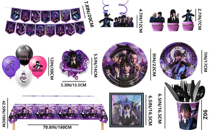 Wednesday Birthday Decorations,117pcs Wednesday Party Decorations&Tableware-Wednesday Balloons Plates Napkins Cups Balloons etc