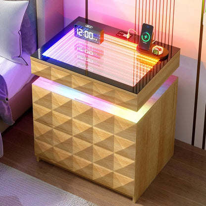 Night Stand with Charging Station and RGB Lights, LED Nightstand with Tempered Glass and Sliding Top, 3 Drawers, Customized