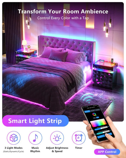 Night Stand with Charging Station and RGB Lights, LED Nightstand with Tempered Glass and Sliding Top, 3 Drawers, Customized
