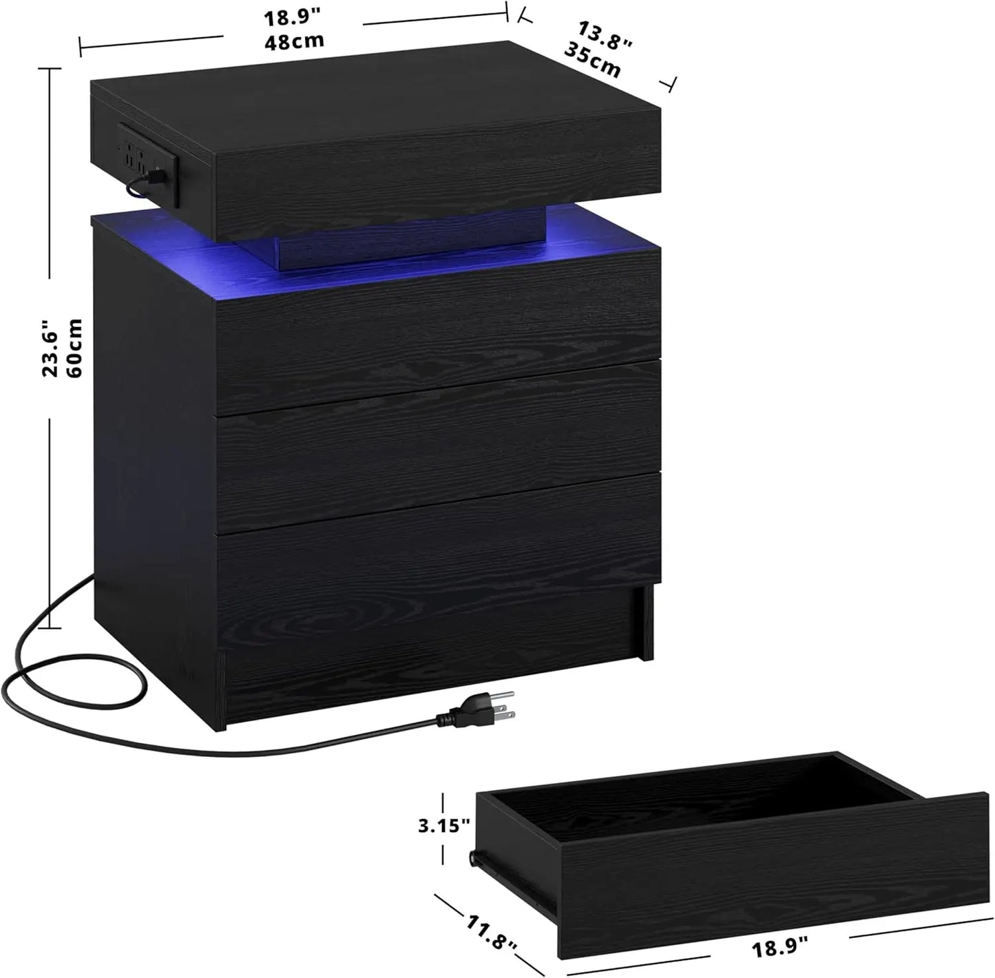Night Stand with Charging Station, Modern Nightstand with LED Light and Drawers, Bedside Tables/End Table for Bedroom