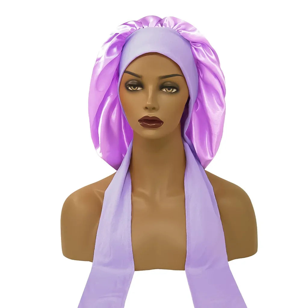Satin Widened Sleep Hat Night Sleep Cap with Long Streamer Hair Care Bonnet Nightcap Elastic Cap De Nuit Shower Turban