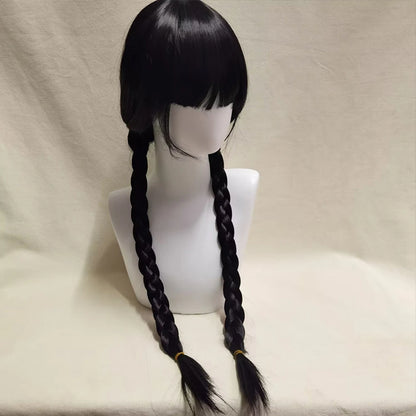 Wednesday Addams Cosplay Wig Long Black Braids Hair Synthetic Wigs Universal Size for Halloween Party Girls Dress Up Accessories