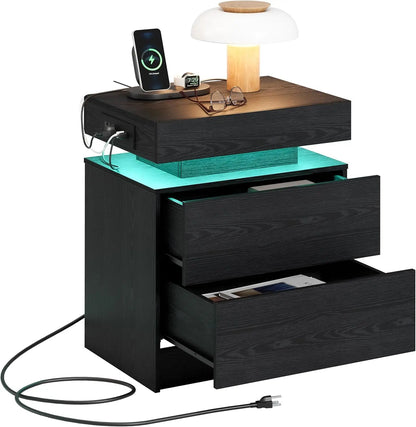 Night Stand with Charging Station, Modern Nightstand with LED Light and Drawers, Bedside Tables/End Table for Bedroom