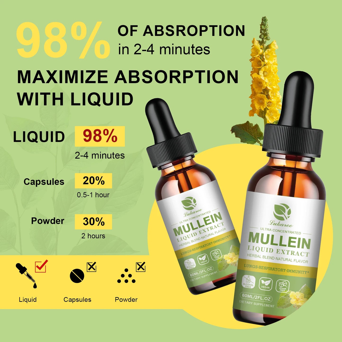 Drops Suitable For Lung Detoxification And Cleansing, Vegetarian Mullein Leaf Extract For Respiration, Immunity