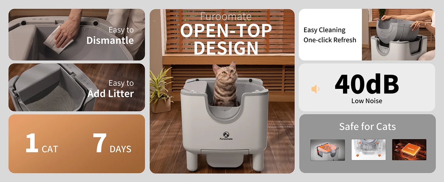 Self-Cleaning Litter Box - Open-Top Automatic Cat Litter Box with Odor Control, Safety Features, and Easy Maintenance