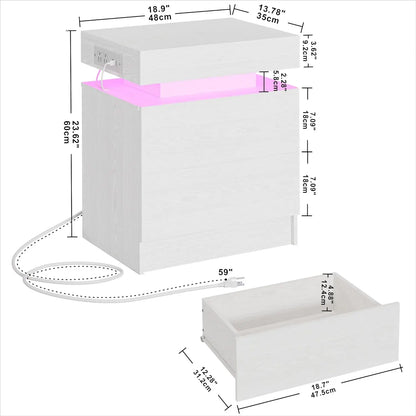 Night Stand with Charging Station, Modern Nightstand with LED Light and Drawers, Bedside Tables/End Table for Bedroom