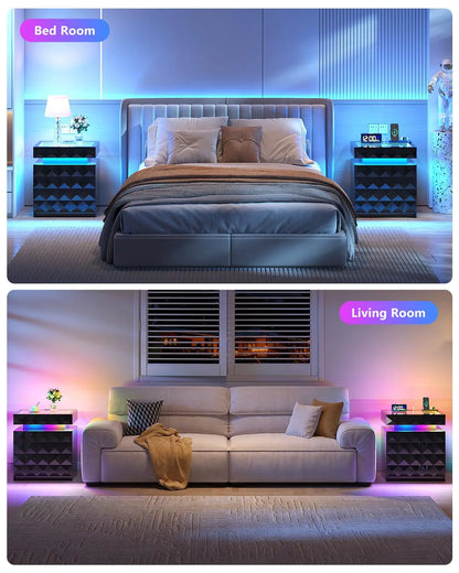 Night Stand with Charging Station and RGB Lights, LED Nightstand with Tempered Glass and Sliding Top, 3 Drawers, Customized