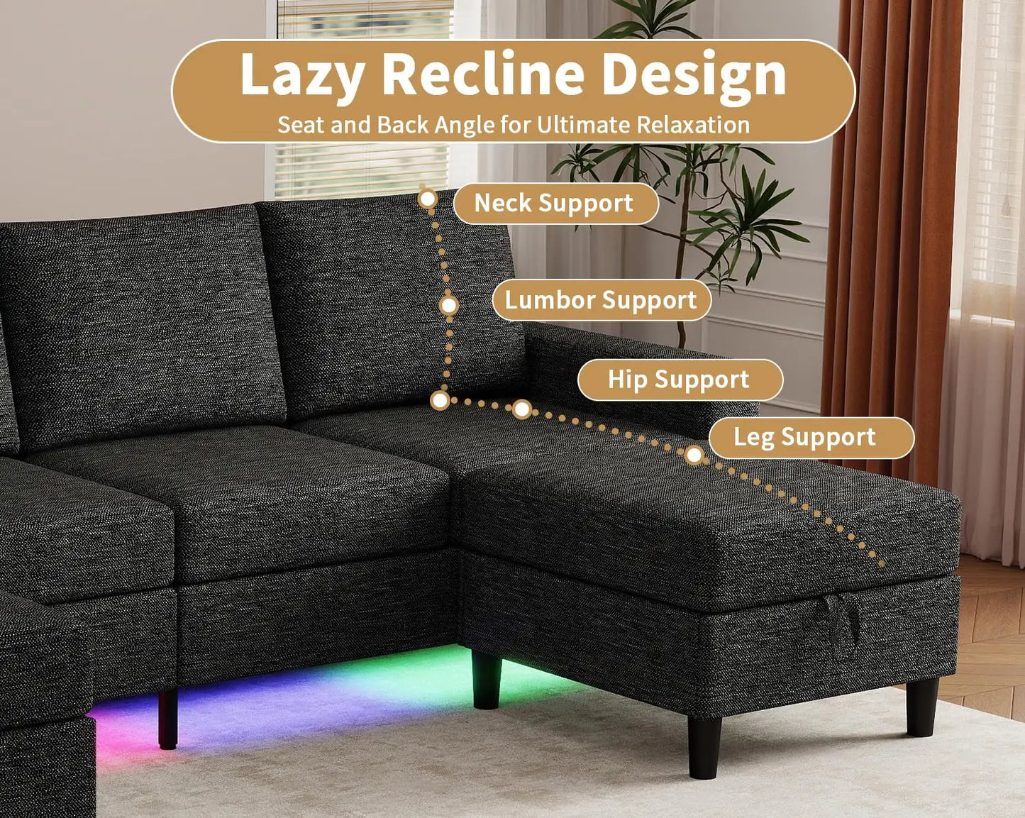 Smart Sectional Couches For Living Room, 6 Seat U/L Shaped Sectional Sofa With RGB Light/Charging, Modern Living, Customized