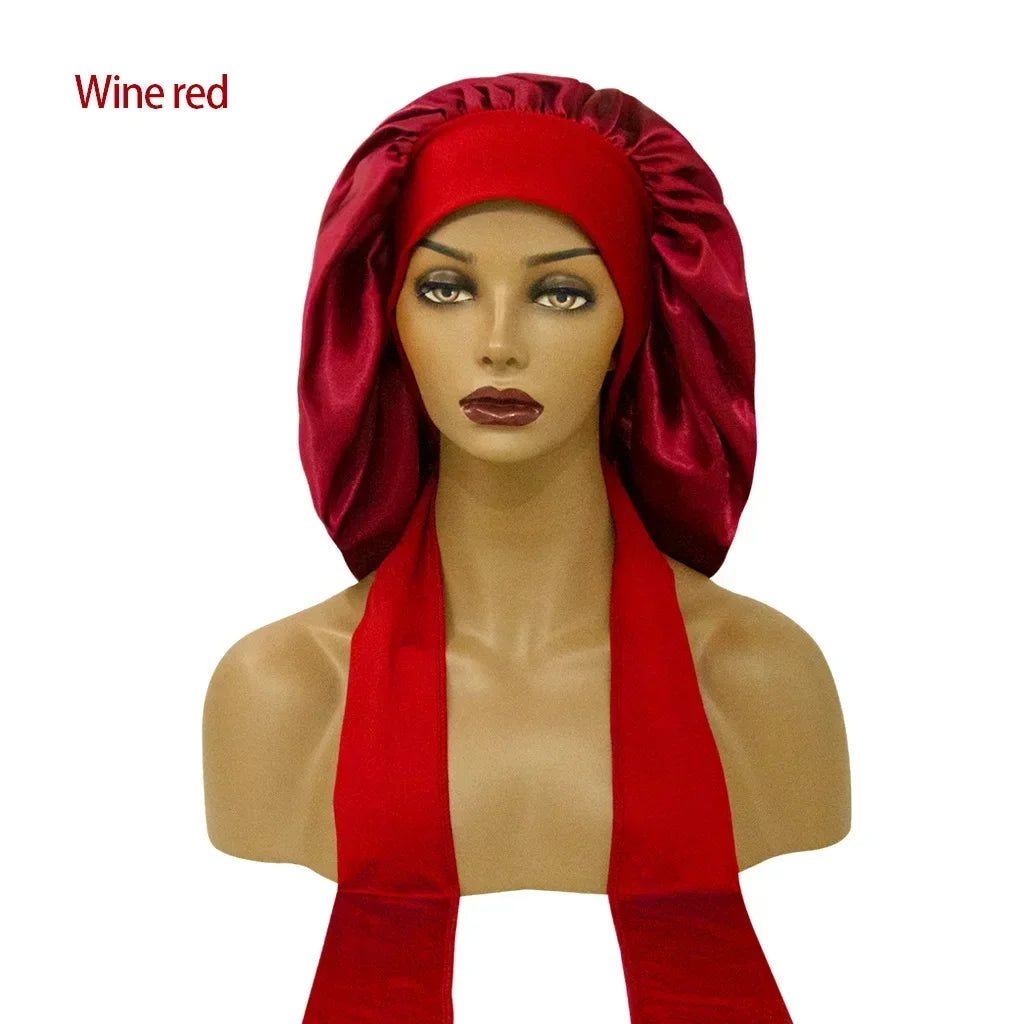 Satin Widened Sleep Hat Night Sleep Cap with Long Streamer Hair Care Bonnet Nightcap Elastic Cap De Nuit Shower Turban