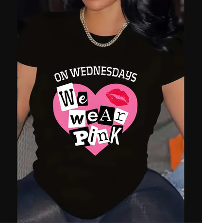 Women's Black Breast Cancer Awareness T-Shirt - "ON WEDNESDAYS WE WEAR PINK" Heart & Lips Graphic, Soft Polyester